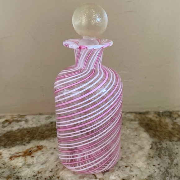 Venetian Murano White Latticino Striped Perfume Bottle Gold Fleck Stopper PINK - Picture 2 of 10